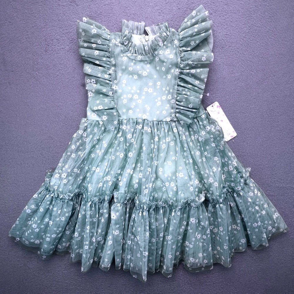 NWT Maddie & Michelle Girls Tulle Floral Ruffle‎ Tiered Dress Sage Green Size 6